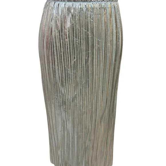 Maeve by Anthropologie Metallic Silver Pleated Midi Skirt - Picture 1 of 8